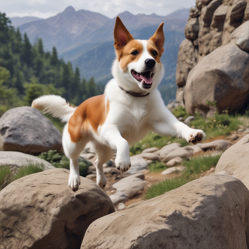 Animated dog jumping over rocks